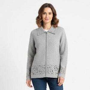 525 America Wool Laser Cut Full Zip Gray Women's Cardigan Sweater Jacket  Size M